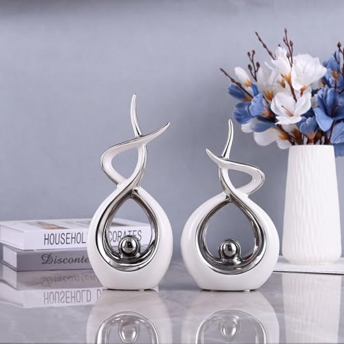 Silvery Modern Sculpture Table Decorations, Ceramic Knick Knacks Statues for Living Room Decor, Tv Stand and Desk Decor, Suitable for Coffee Tables and Shelf Decorations, Great Gift Idea - color: White Silver, size: Large