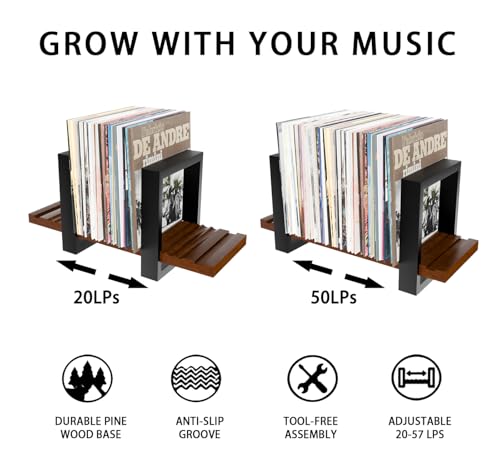 Adjustable Vinyl Record Storage Holder - Solid Wood Base Mid-Century Album Display Stand for 20-57 LPs - Retro Desktop Record Rack & Magazine Organizer - Aesthetic Gift for Audiophiles