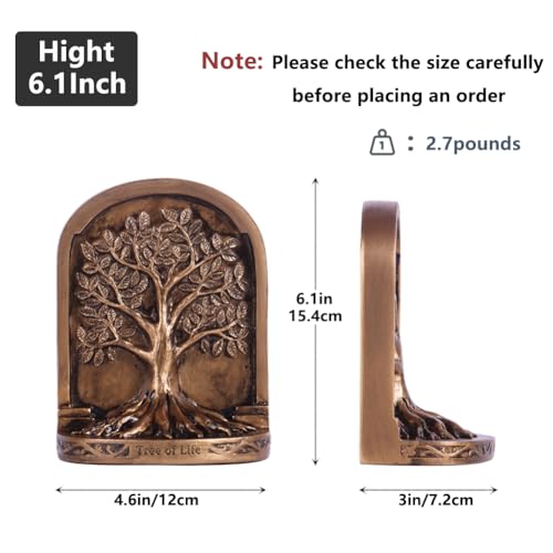 Tree of Life Bookends Set – 6.1" Resin Decorative Bookends, Antique Bronze Finish, Non-Skid Heavy Duty Support for Books, Bookshelf Decor, Office, Library, Housewarming Gift - color: Antique Bronze