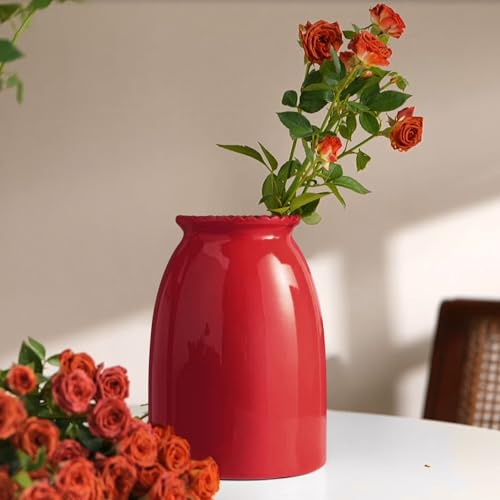 hjn Red Flower Vase- Ceramic Vase for Decor, White vase for Flowers, Modern Vases for Living Room/Home Decor Accents/Entryway/Mantel/Bookshel-Red - color: Red-8.5inch