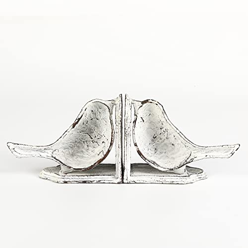 Jemeni Bird Book Ends for Shelves, Cast Iron Birds Book Ends for Shelves, Cute Bookends Decorative, Heavy Duty and Unique Decorative for Heavy Books, White Finish