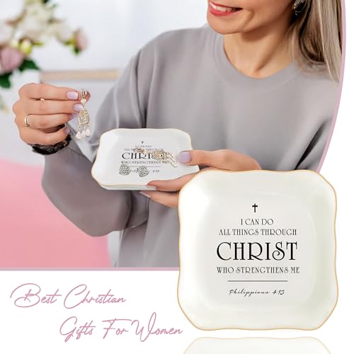 Christian Gifts for Women, Bible Verse Ceramic Jewelry Dish Trinket Ring Tray, Inspirational Floral Gift for Mom Sister Friend Birthday Christmas-I Can Do All Things Through Christ (White-Christ1) - color: White-Christ1