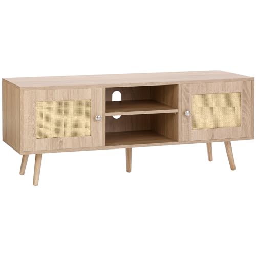 VEVOR Rattan TV Stand, Boho TV Cabinet for 55 inch TV, Mid Century Modern TV Stand, Rattan TV Console with Adjustable Shelfs for Living Room, Media Room, Oak - color: Oak, size: for 55" TVs