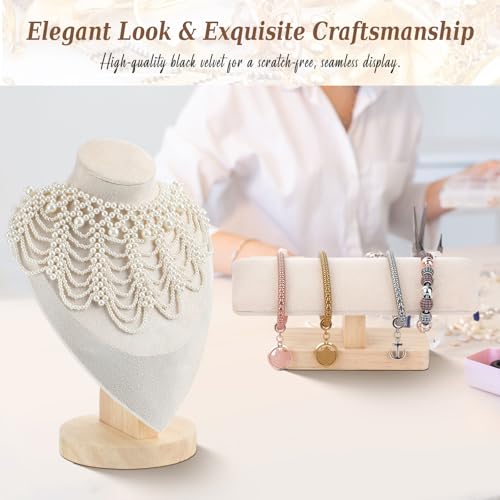 AceOrbit 2 Pcs Jewelry Display Stand Set Velvet Jewelry Bust Display Stand and T Bar Bracelet Holder for Necklaces Bracelets Chains Retail Boutique Shops Selling(Beige)