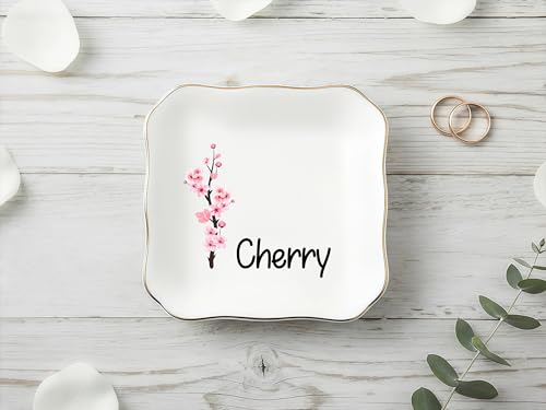 Ship Next Day, Personalized Ceramic Jewelry Dish, Custom Birth Flower & Name Trinket Tray for Mother's Day, Bridesmaid, Birthday Gift - Waved Square - color: Birth Flower Jewelry Tray-waved Square