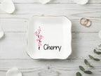 Ship Next Day, Personalized Ceramic Jewelry Dish, Custom Birth Flower & Name Trinket Tray for Mother's Day, Bridesmaid, Birthday Gift - Waved Square - color: Birth Flower Jewelry Tray-waved Square