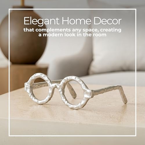 Round Glasses Decorative Object – Aluminum Sculpture Modern Home Decor Ornament – Shelf Styling & Coffee Table Decor for Bathroom, Office & Living Room – 7"x3", Silver - color: Silver Round