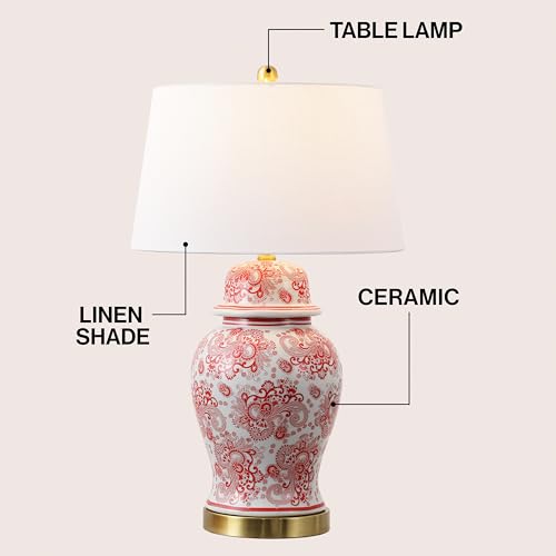 JONATHAN Y 29.5" Red/White Ceramic Table Lamp for Living Room and Office, White Linen Drum Shade, Traditional Chinoiserie Ginger Jar Lamp, LED Bulb Included (JYL3008C) - color: Red/White