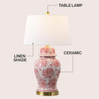 JONATHAN Y 29.5" Red/White Ceramic Table Lamp for Living Room and Office, White Linen Drum Shade, Traditional Chinoiserie Ginger Jar Lamp, LED Bulb Included (JYL3008C) - color: Red/White