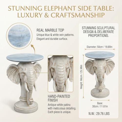 Modern Accent Table with White Elephant Ornament Base, Minimalist Faux Marble End Table for Living Room Reception Area & Bedroom, 19.69 Inches Wide × 25.98 Inches High - color: White Elephant Head Statue
