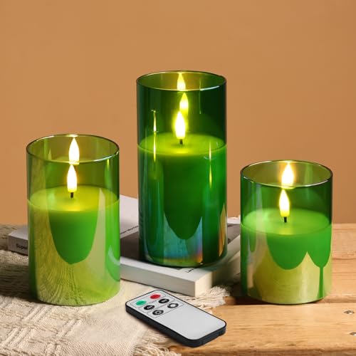 Eywamage Green Glass Flameless Pillar Candles with Remote, Flickering Spring Battery LED Candles Holiday Decor Set of 3 - color: Green