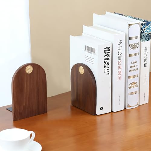 Black Walnut Wood Bookends for Shelves, 1 Pair (2 Pieces) Heavy Duty Solid Wood Book Ends with Embedded Metal Emblem, Decorative Book Supports for Home & Office