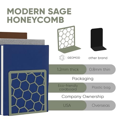 GEOMOD Geometric Honeycomb Sage Metal Bookends Decorative - Tall Sturdy Book Ends for Shelves - Modern Heavy Duty Bookend Stopper - Office or Home Book Shelf Holder - 6x3.25x6.25 Inches-2 Pair - color: Sage, size: 2 Pairs, style: Honeycomb
