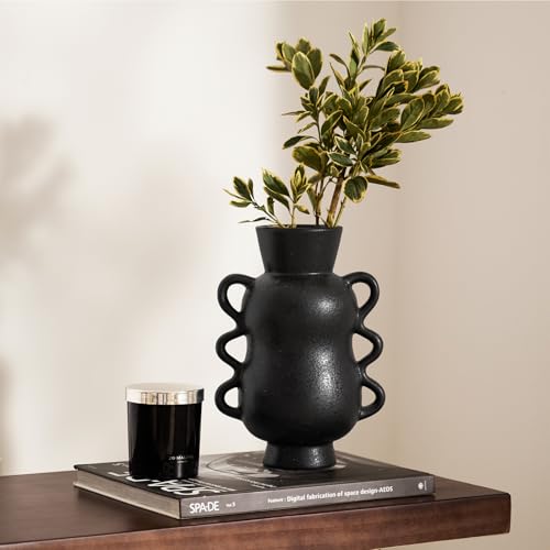 DN DECONATION Black Ceramic Vase Home Decor with Wave Handles, 10'' Tall Rustic Farmhouse Flower Vase for Table Centerpiece, Bookshelf, Living Room, Office, Modern Nordic Minimalist Decorative Vases