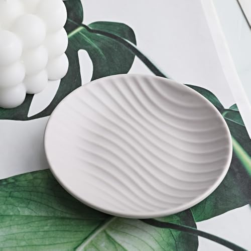 Chic Round Soap Dish, Modern Minimalist Striped Design Ceramic Tray(Oatmeal) - color: Oatmeal