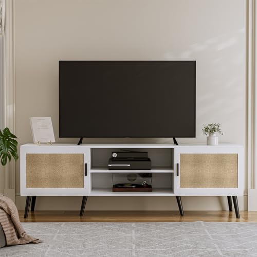TV Stand for TVs up to 65 Inch, Modern Entertainment Center with Storage, Media Console Table with 2 Cabinets & Shelves, Wooden TV Stand for Living Room Bedroom, White - color: White