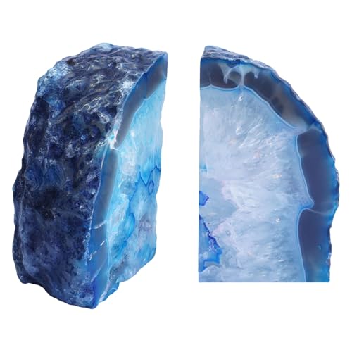 Natural Teal Dyed Agate Geode Bookends - 2 to 3 lb Heavy Duty Rock Crystal Stone Book Ends for Shelves, with Rubber Bumpers, Decorative Book Holders for Home Office - color: Blue, size: 2-3 Lbs