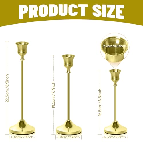 Brass Gold Candlestick Holders Metal Taper Candle Holders Set of 3 Rustic Stands for Dining Table, Wedding Centerpiece Decor, Birthday - color: Brass Gold