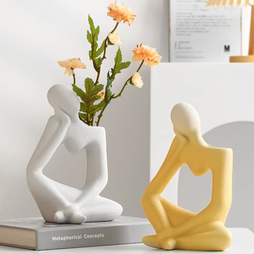 Arawat Ceramic Thinker Vase Yellow Flower Vase for Home Decor Modern Cute Boho Vases for Table Room Decor Unique Aesthetic Vase Ceramic Decorative Face Vases for Centerpieces Birthday Gifts for Women - color: Yellow Ceramic Flower Vase for Home Decor