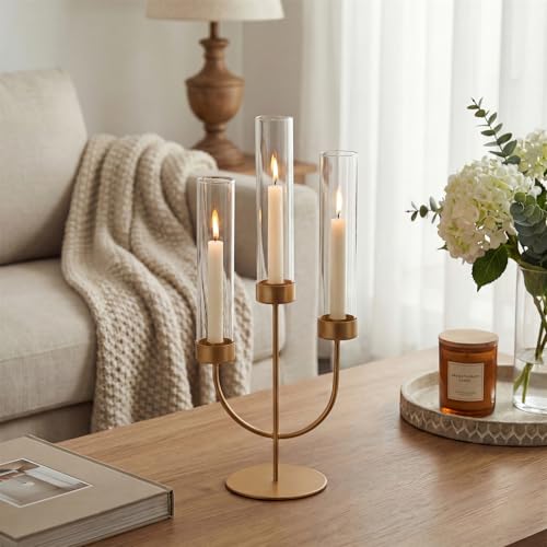 Sziqiqi Candelabra Gold Candlestick Holders: 3 Arm Candelabra Centerpiece with Glass Hurricane for Dining Table Fireplace - Modern Candle Holders for Wedding Christmas - color: Gold