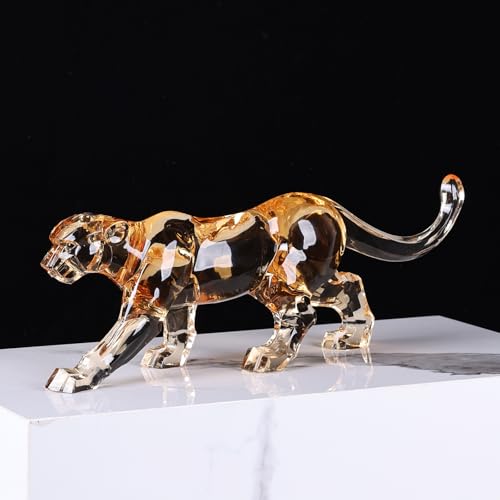 16" L Acrylic Cheetah Statue, Crystal Glass Finish Leopard Figurine, Gold Clear Jaguar Sculpture for Home Or Office Cool Decor, Large Luxury Panther Desk Animal Art African Statues