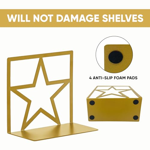 GEOMOD Gold Star Metal Bookends Heavy Duty for Desk & Shelves, Non-Slip Metal Bookends for Bookshelf End Holders, Modern Decorative Book Ends Gold, Book Holder for Office, Study & Home Library 2 Pairs - color: Gold, size: 2 Pairs, style: Star