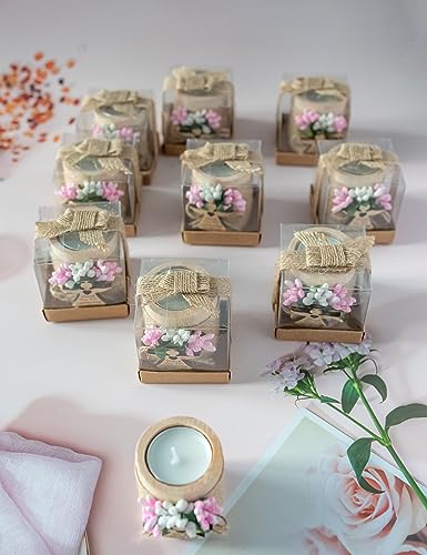 Ju's Favors Wooden Candle Holders Set of 10 for Baptism Gift, Christening Party Favors, Guest Favors,Baby Shower Party Favors. (Light brown - pink) - color: Light Brown - Pink