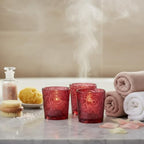 12 Pack Patented Sun Moon Star Embossed Glass Tea Light Candle Holders - Unique Votive Candle Holders for Wedding, Party, and Table Centerpieces (Wildberry Red) - color: Wildberry Red