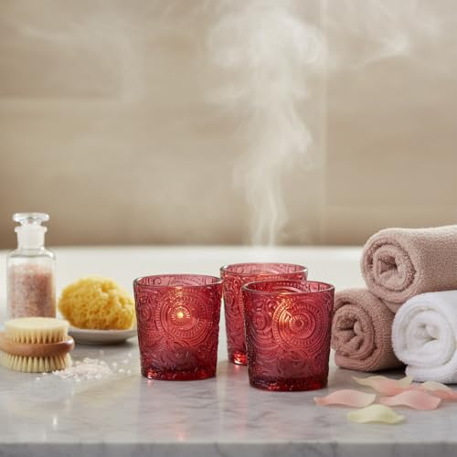 12 Pack Patented Sun Moon Star Embossed Glass Tea Light Candle Holders - Unique Votive Candle Holders for Wedding, Party, and Table Centerpieces (Wildberry Red) - color: Wildberry Red