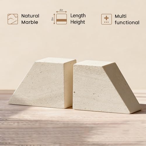 4"x5" Natural Marble Bookends for Shelves, Beige Travertine Book Ends, 7LBS Heavy Duty Marble Book Holder, Home Living Room Ornaments, Apartment Decor for Movies/CD/Video Games, Set of 2
