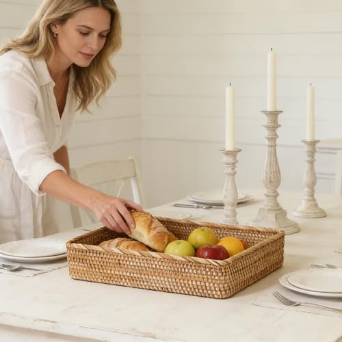 Wicker Storage Tray, Rattan Basket Rectangular for Bathroom Living Room, Decorative Serving Woven Trays Wicker Baskets for Organizing Home Decor XL(17.7" × 13.4") - style: XL (17.7" × 13.4")