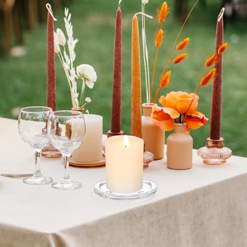 Toyvian Glass Candle Plates: 4pcs Pillar Candles Pedestal Clear Holders Round Trays for Wedding, Tealight Stand Table Centerpieces for Bathroom Dining Room Table Christmas Dinner Decor, 4inches