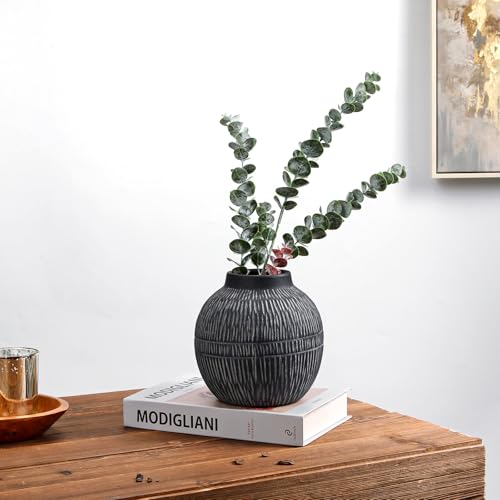 7" Short Rustic Vase with Geometric Linear Striations, Round Ceramic Vase Suitable for Leaves Stems & Flowers, Low-Profile & Cool Tone Style, Chunky, Small & Dark Grey - color: 7" Dark Grey