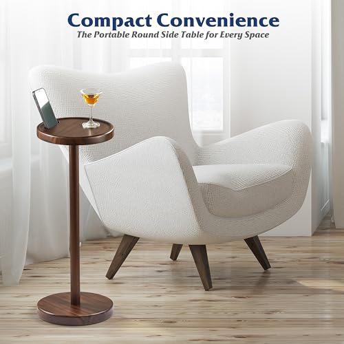 BLUEWEST Drink Table, 22" Tall Compact Side Table with Phone Slot and Weighted Base, Durable Pedestal Table Accent for Living Room (Flat, Walnut) - color: Walnut C