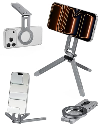 iWALK Magnetic Foldable Metal Phone Stand for iPhone, Strong Magnet Mini Cell Phone Tripod Stand for Vlog, Gym, Travel Essentials Compatible with iPhone 17, 16, 15, 14, 13, 12 Series, Silver