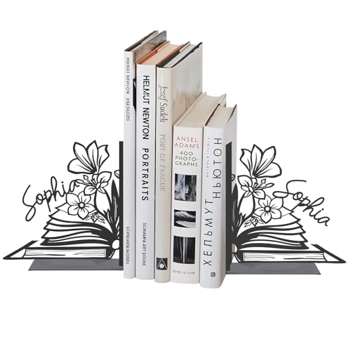 Personalized Flower Book Ends for Shelves 2 Pcs, Custom Name Metal Book Holders, Unique Bookends for Heavy Books, Non-Slip Book Stopper, Home Office Desk Bookshelf Decor, Customized Gifts - color: Color08 Flower&book
