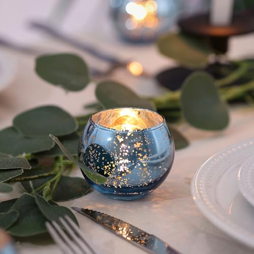 LAMORGIFT 24 Pcs Blue Votive Candle Holders- Blue Centerpieces for Tables, Round Mercury Glass Candle Holder for Wedding Decor, Bridal Shower Decorations - color: Blue