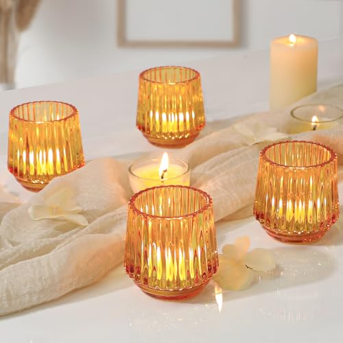 SHOHAYTO Large Amber Glass Votive Candle Holders Set of 6, Ribbed Tealight Holders for Votives, Floating Candles Table Centerpieces Wedding Home Decor - color: Amber