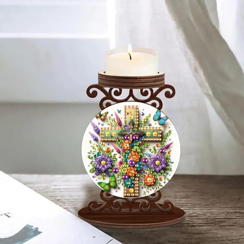 ARTopet DIY Diamond Art Painting Candlestick Holders Wooden Desk Candle Holder Ornament Double Sided Diamond Tabletop Ornaments for Home Decor-Flower Cross - color: Flower Cross