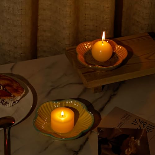Koythin Ceramic Candlestick Holder for Pillar Candles, Floral Shape Candle Stand & Dish Bowl for Candlesticks, Incense, Decorative Ceramic Plate Tray for Table Centerpiece and Home Decor (Khaki) - color: Khaki