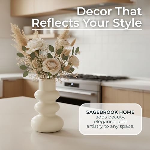 Stoneware Decorative Vase – Flower Vases for Fresh or Dried Stems, Living Room, Entry, or Office Accent, Modern Home Decor Sculptural Design With Soft Curves – 10" – Ivory White