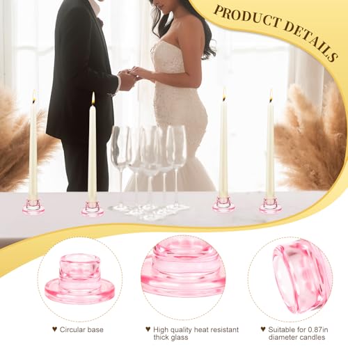 12 PCS Glass Taper Candle Holders Bulk Pink Candlestick Holders Clear Short Tapered Candle Stick Holder Decor Set for Table Centerpiece Wedding Party Advent Christmas Home Decorations - color: Pink