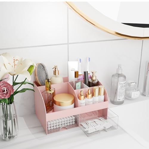 Makeup Organizer with Drawers, Cosmetic Storage for Dresser Vanity and Bathroom Countertop, Beauty Holder for Lipstick Brush, Skincare Organizer for Vanity, Cosmetic Display Case (Pink) - color: Pink