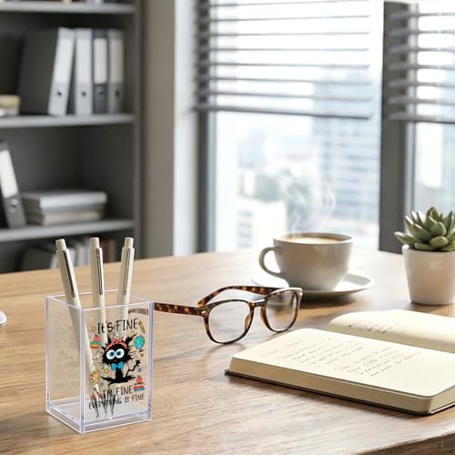 It's Fine I'm Fine Everything Is Fine Acrylic Organizer Pencil Pen Holder, Funny Cat Desk Organizer, Sarcastic Office Decor Gifts for Women Coworker, Back to School Gifts for Student Teacher - style: It's Fine C