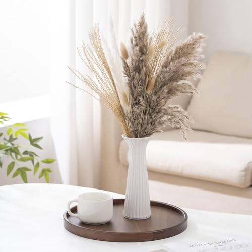White Ceramic Vase for Home Decor, Small Ribbed Flower Vase for Pampas Grass, Modern Farmhouse Decorative Vases for Coffee Table, Bedroom, Living Room, Kitchen, Bookshelf & Centerpiece - color: White