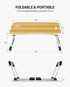 FISYOD Foldable Laptop Table, Portable Lap Desk Bed Table Tray, Laptop Stand with Cup Holder & Tablet Slot & Lifting Handle for Working Writing Drawing & Eating (Wood) - color: Wood