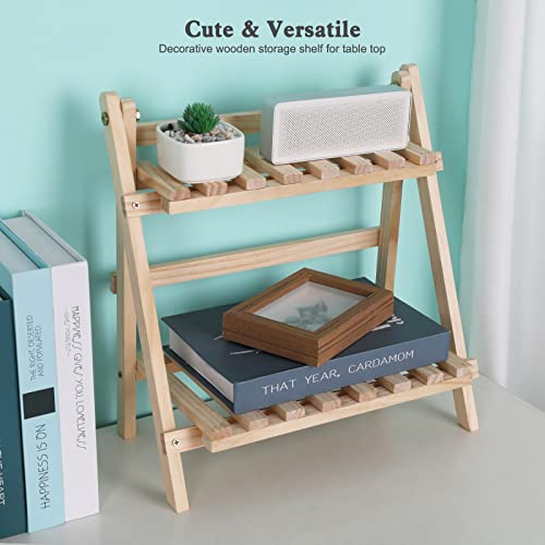 Jotsport 2-Step Desktop Storage Organizer Foldable 2 Tier Ladder Plant Stand Wood Display Shelf Decorative Storage Rack for Table Top - color: Natural