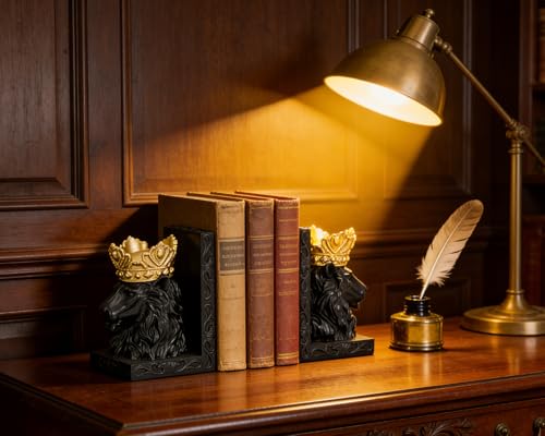 Black Lion Head Bookends with Regal Design, Solid Resin for Heavy Duty Book Support, Non-Slip Pads for Stability, Gift for Lion Enthusiasts Collectors - color: Black