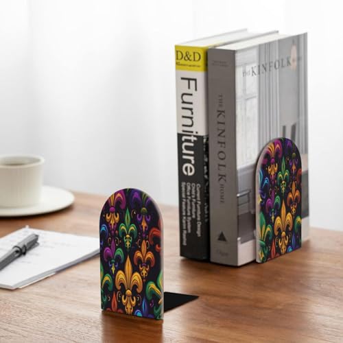 Decorative Bookends 2 Pcs Colorful Mardi Gras Fleur De Lis Wood Bookends for Shelves Heavy Books Kids Non-Skid Book Ends Stoppers for Office Desk Kitchen School - color: Colorful Mardi Gras Fleur De Lis