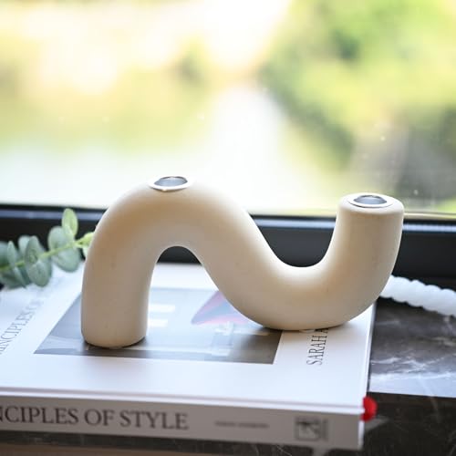 Ceramic Candle Holder, Modern Taper Candlestick Holder for Dining Table, Living Room Coffee Table, Candelabra for 2 Taper Candles - color: Cream